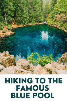 a blue pool surrounded by trees and rocks with the words hiking to the famous blue pool