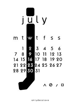 a black and white calendar with the letter j on it