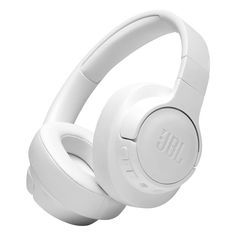 the jbl headphones are white and have earbuds attached to each one