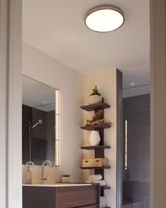 a bathroom with a sink and shelves on the wall