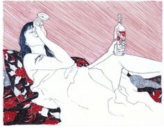 a drawing of a woman sitting on a couch with a bottle in her hand and the caption's description below it