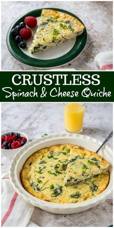 crustless spinach and cheese quiche with berries on the side is shown in this collage