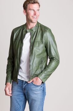 Evo Lambskin Leather Moto Jacket | Overland Casual Leather Jacket For Outdoor, Casual Leather Biker Jacket For Outdoor, Spring Moto Leather Jacket, Spring Leather Biker Jacket For Outdoor, Leather Biker Jacket For Spring Outdoor, Leather Biker Jacket With Long Sleeves For Spring, Green Leather Casual Outerwear, Green Casual Leather Outerwear, Casual Green Leather Outerwear