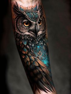 an owl tattoo on the arm with blue and orange colors, is shown in this image