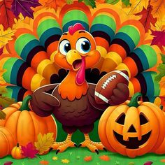 a turkey with a football and pumpkins in front of it on a field full of leaves