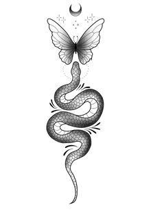 a black and white drawing of a snake with a butterfly on it's back