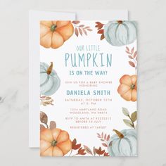 a little pumpkin is on the way baby shower card with watercolor pumpkins and leaves