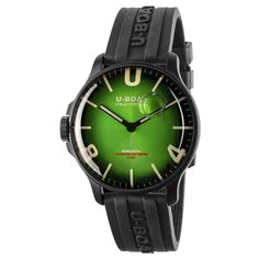 a black and green watch on a white background