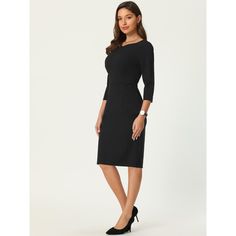 This dress can be a perfect addition to almost any outfit from formal to daily wear, great for work, meeting, office, businesses, work, party, cocktail, wedding, casual, daily dressing, etc. Pair with delicate necklace and heels for a chic office look. Comfortable and classic, this sheath dress is perfect on its own or as a layer under a blazer or jacket. Solid Color Half Sleeve Formal Dress, Half Sleeve Midi Dress For Formal Occasions, Elegant 3/4 Length Midi Dress For Party, Elegant Workwear Dress, 3/4 Length, Elegant Solid Color Half Sleeve Midi Dress, Formal Midi Dress With 3/4 Sleeve, Elegant 3/4 Length Workwear Dresses, Chic Formal Dress With 3/4 Sleeves, Elegant 3/4 Length Work Dress