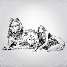 The girl with the wolves in the ornament — Stock Illustration Nordic Goddesses, Fantasy Tattoos, Jewelry Design Drawing, She Wolf, Wolf Tattoos, Wolf Tattoo, Vector Drawing, Stencils Wall, Illustration Character Design