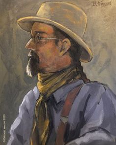 an oil painting of a man wearing a hat and scarf with his hand on his hip