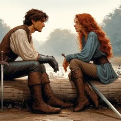 a man and woman sitting on a log next to each other with swords in their hands