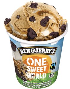 ben & jerry's one sweet world ice cream with chocolate chip cookies on top