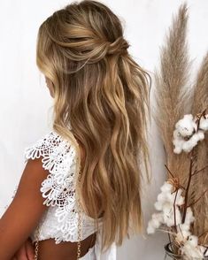 Photoshoot Hairstyles Half Up, Simple Hair For Wedding Bride, Boho Medium Length Hairstyles, Timeless Wedding Hair Brunette, Spaghetti Strap Bridesmaid Dress Hairstyles, Half Up Wedding Hair With Hairpiece, Bridemaids Hairstyles Half Up, Volume Half Up Half Down Wedding Hair, Wedding Hair Styles Down Wavy