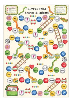 the simple past snakes and ladders game is shown on a white background with colorful circles