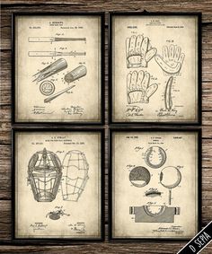 four vintage baseball gloves and mitts blueprinted on old paper with wood background