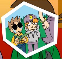 two cartoon characters are standing in front of an octagon with another character on it