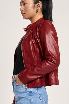 Made from super soft real leather (sheep), this classic racing red jacket features a tab neck collar and central zipline. The vibrant colour and smooth leather is a match made in heaven. It might be the last thing you put on, but it will sure be the first thing people notice! Leather Racer Jacket, Racer Jacket, A Match Made In Heaven, Match Made In Heaven, Puff Sleeve Dresses, Made In Heaven, Navy Dress, Linen Dresses, Blazer Dress