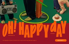 two people standing next to each other in front of a green background with the words oh happy day on it