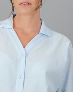 Supersoft light blue linen shirt for women, offering unmatched comfort. Katja is 177 cm/5'8" and wears a size M. All-Day Comfort: Feel the unparalleled comfort with our breathable linen-cotton blend. Stay Cool: Embrace the cool touch of linen’s natural temperature control. Durable Beauty: Enjoy the lasting strength of linen combined with the gentle flexibility of premium cotton. Gentle on Skin: Perfect for sensitive skin, the hypoallergenic blend keeps you fresh and irritation-free Eco-Friendly Light Blue Linen Shirt, Blue Linen Shirt, Teacher Wardrobe, Swim Shorts Women, Summer Swimwear, Pyjama Bottoms, Matching Pajamas, Eco Friendly Fashion, Lounge Shorts