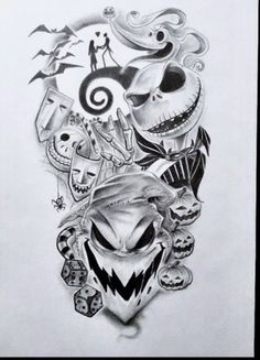 a drawing of a skull with many different things on it's face and eyes