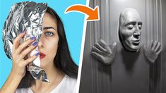 a woman with her face covered in tin foil next to an image of a man's head