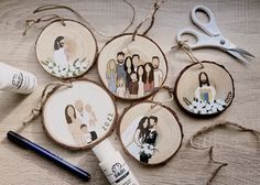 four wood slices with wedding pictures on them and some crafting supplies next to it