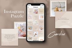 the instagram puzzle is displayed on an iphone with photos and postcards surrounding it