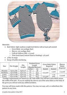 the instructions for how to sew an infant's striped bodysuit and hat