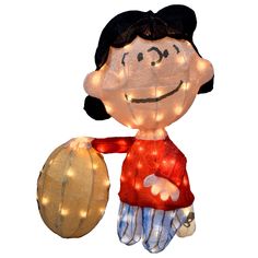 a lighted doll is holding a ball in its right hand and smiling at the camera