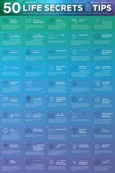 the 50 life secrets and tips poster on a blue background with green, purple and pink colors