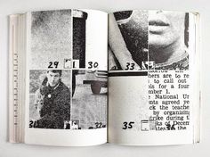 an open book with black and white photos on it's pages, showing the inside page