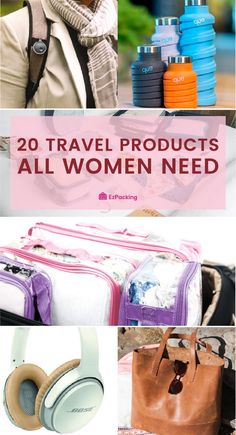 the words 20 travel products all women need in front of an image of luggage and headphones