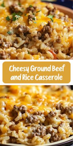 cheesey ground beef and rice casserole in a skillet