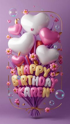 a birthday card with balloons and confetti in the shape of hearts on a purple background