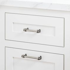 a white cabinet with two drawers and handles