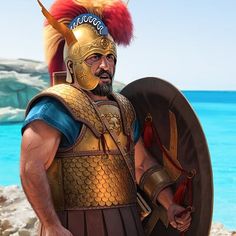 a man dressed in ancient greek armor and holding a shield with two spears on the beach