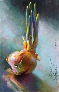 a painting of an onion on a table