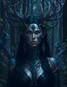 a woman with long hair and horns standing in the woods, surrounded by deers