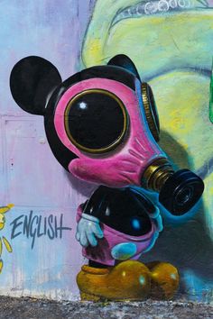 a painting of a cartoon character wearing a gas mask