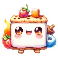 a toaster with some fruit on top of it's head, and eyes