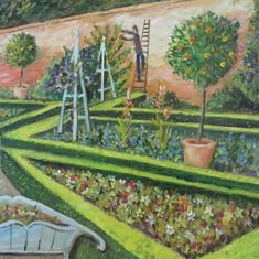 a painting of a garden with flowers and trees