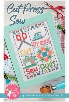 a cross stitch book with scissors and sewing supplies on the cover that says out press sew