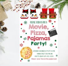 a christmas movie party with pizza and santa hats