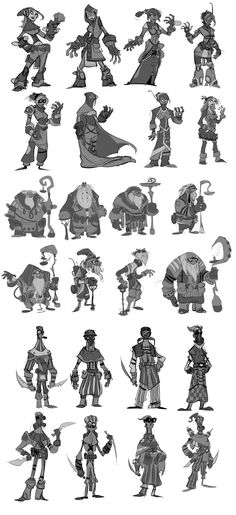 some different types of cartoon characters in black and white