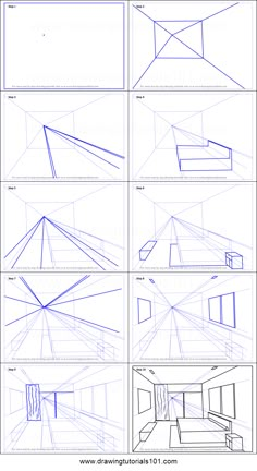 how to draw a room in perspective with different angles and lines on the walls,