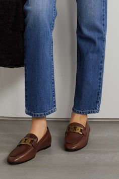 Brown Kate embellished leather loafers | TOD'S | NET-A-PORTER Tods Loafers Women Outfit, Brown Loafers Outfit Women, Loafers Women Outfit, Loafers Outfit Women, Loafers With Socks, Loafers Outfit, Designer Runway, Heeled Pumps, Tods Shoes