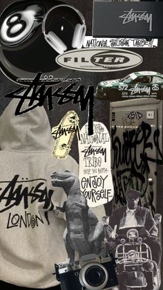 collage of various items including a camera and skateboard, with graffiti on the wall