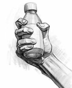 a drawing of a hand holding a bottle with one hand and the other arm wrapped around it