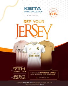 an advertisement for a jersey shop featuring two soccer jerseys and the words rep your jersey